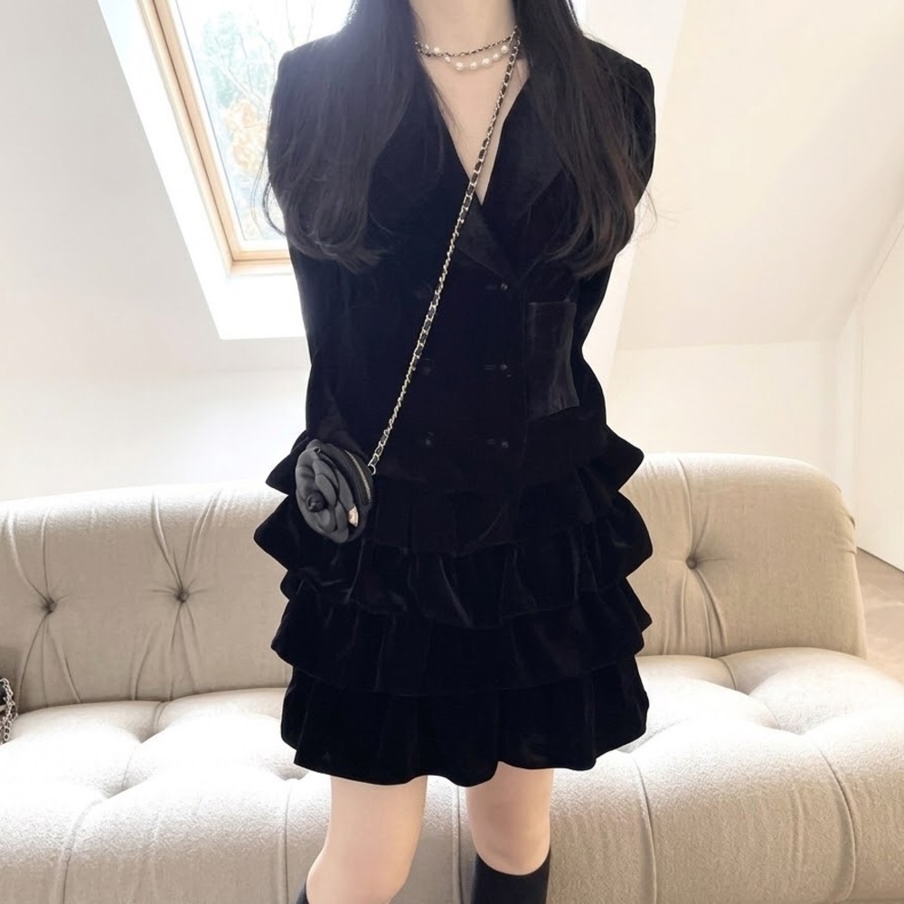 Luxe Black Velvet Tiered Ruffle Mini Skirt High Waist Back Zip Party Skirt